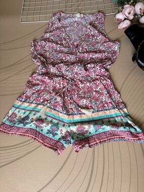 Floral Tassel Tie Romper in Pink & Teal